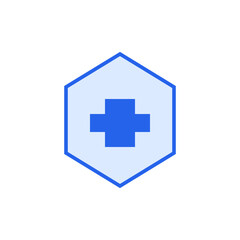 Obraz premium Blue medical cross symbol on hexagon shield icon