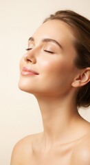 Naklejka premium Captivating portrait of a serene young woman with closed eyes and a gentle smile, highlighting her flawlessly radiant and healthy skin, embodying a moment of pure tranquility and natural beauty