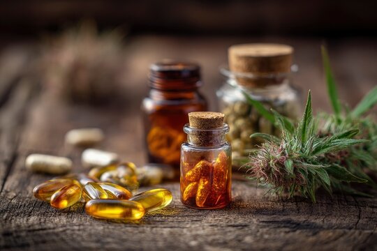A curated still life featuring various natural health and wellness products, including translucent golden capsules, opaque pills, and small glass vials filled with a rich amber liquid and a cork stopp