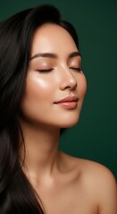 Fototapeta premium A beautiful young woman with closed eyes, radiating serenity and natural beauty, showcasing her healthy, glowing skin against a tranquil dark green backdrop, embracing a moment of calm and self-care