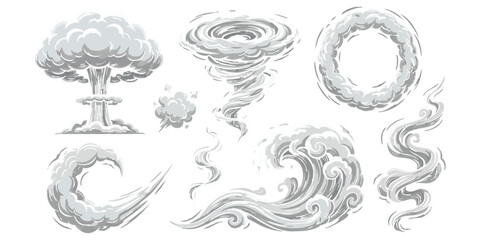 Collection of cartoon smoke clouds and explosion effects including mushroom cloud tornado and smoke rings vector illustration set © GraphixEra