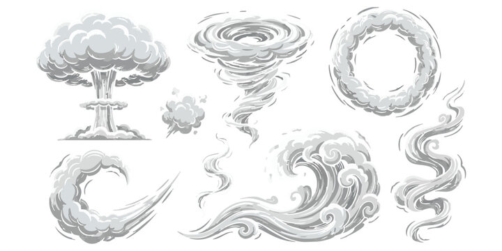 Collection of cartoon smoke clouds and explosion effects including mushroom cloud tornado and smoke rings vector illustration set