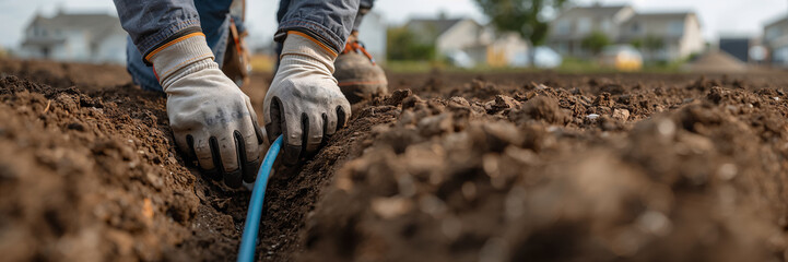 A worker's gloved hands lay a fiber optic cable in the ground