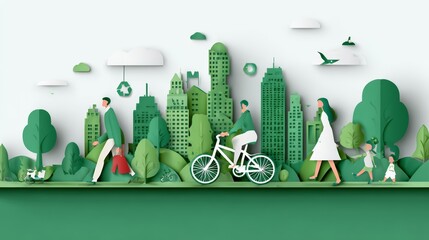 Fototapeta premium paper art-style illustration of a green city with a people walking, running, for an environment day 