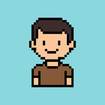 Cute pixel boy avatar featuring short brown hair and simple smiling expression in retro 8 bit style. Minimal pixel character portrait with casual t shirt outfit on soft teal background