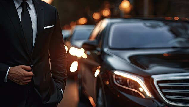 Professional Chauffeur Standing by Luxury Sedan in Urban Setting.