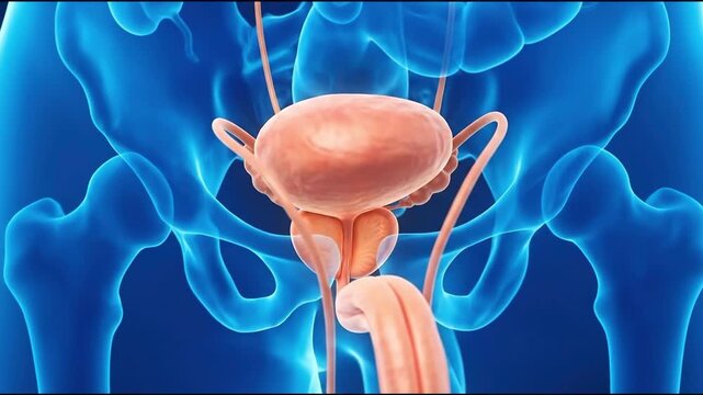 3d rendering of human male urinary and reproductive organs, suitable for medical education, health awareness, scientific research, and anatomy study.