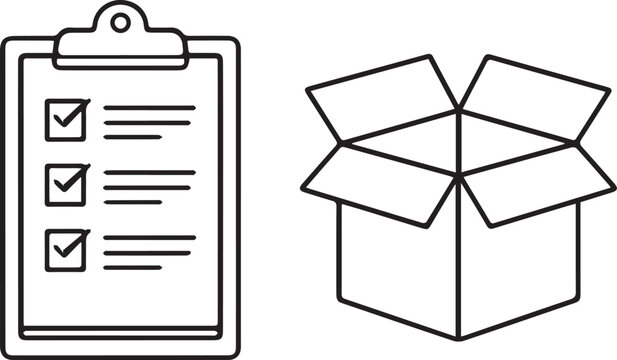 A visual representation of tasks complete in a checklist on a clipboard next to an open cardboard box. Symbolizing the completion of project delivery.