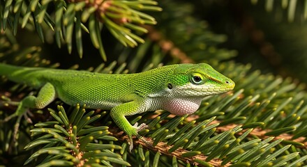 Fototapeta premium Green lizard rests on a pine branch in natural sunlight.