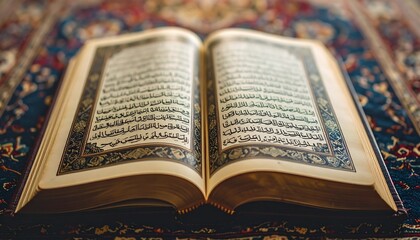 Obraz premium Open Quran book on a carpet, showcasing Islamic scripture and tradition.