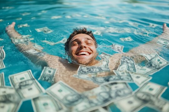 Man celebrating financial freedom floating in money pool
