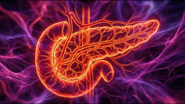 3d rendering of human pancreas with glowing blood vessels and cellular network, suitable for medical research, healthcare education, biology textbooks, and scientific presentations.