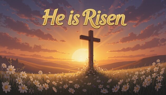 Christian easter scene, Saviour's cross on dramatic sunrise scene, with text He is risen, illustration
