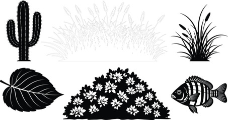 Desert plants and fish silhouette set with cactus grass leaf bush and aquatic animal vector illustration © MDBABULU