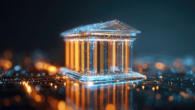 Digital Bank Building Glowing with Futuristic Technology and Bokeh Lights.