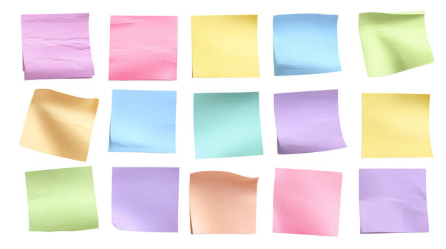 Wrinkled sticky notes group in pastel colors, office reminder style, isolated on a white background