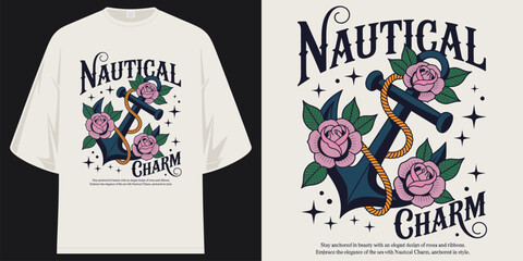 nautical charm anchored in beauty vintage anchor with pink roses and rope floral maritime t shirt design vector illustration artwork © SHREMN TeeStock