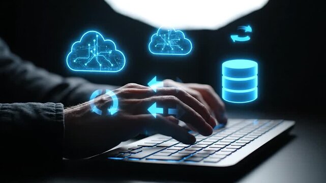 Hands typing on a keyboard with cloud and database icons.
