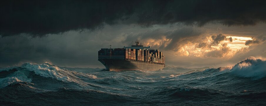 Dramatic storm at sea with a cargo ship battling rough waves and dark clouds.