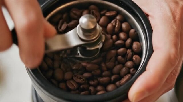 Top view closeup of dark roasted whole coffee beans inside burr grinder mill with grinding mechanism blade showing fresh coffee preparation grinding process for specialty artisan home brewing ritual 