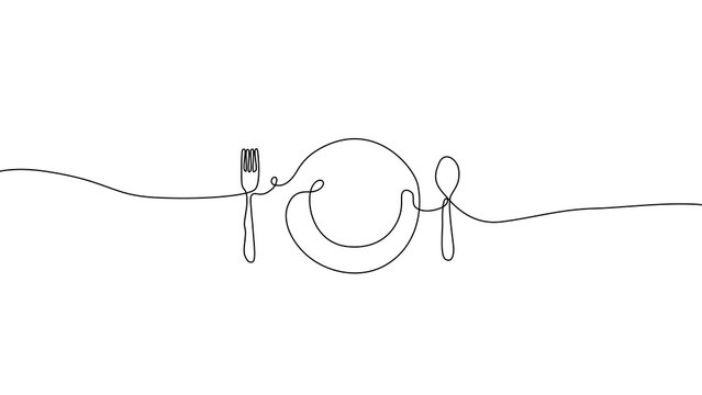 Minimalist one drawing line art of dinner plates, spoons and forks