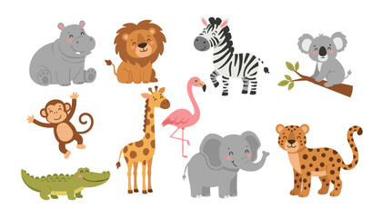 Obraz premium Cute safari animals vector set with cartoon jungle wildlife characters for kids nursery design isolated on white