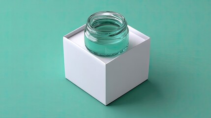 Facial serum bottle sits on a table next to an empty white box against a green background in a simple design
