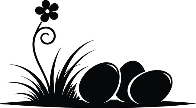 Black silhouette of three eggs and a flower in grass
