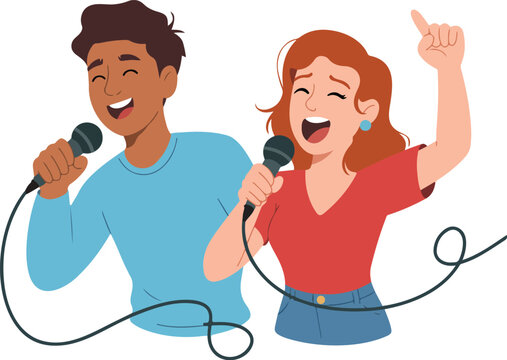 Karaoke Night Outline Icon Set  Cartoon Couple Singing and Music Elements