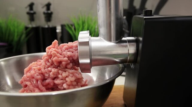 Close up view of electric meat grinder machine mincing fresh raw pork or beef into metal bowl, creating ground meat. Kitchen counter background with greenery.