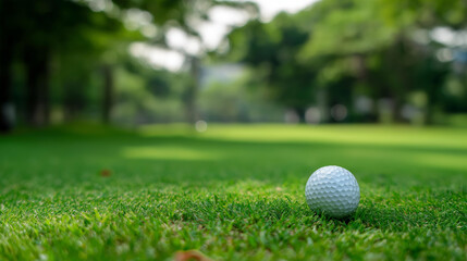 Obraz premium Close-up view of golf ball on green lawn in golf course, blurred background landscape with trees, pristine ball placement, natural course setting, defocused scenery, with copy spac