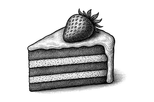 Detailed hand drawn cake slice with strawberry on top in engraved style