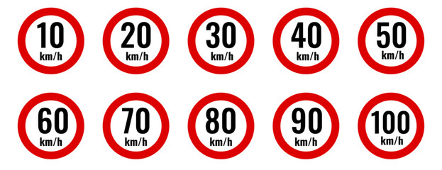 A collection of traffic speed limit signs from 10 -100 km/h. Speed ​​limit icons in traffic signs. © Linda
