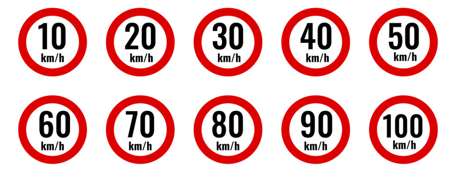 A collection of traffic speed limit signs from 10 -100 km/h. Speed ​​limit icons in traffic signs.