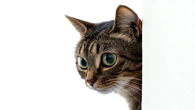 A tabby cat's head peeking from the side with intense green eyes, on a bright white background