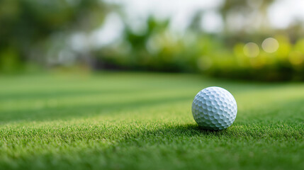 Obraz premium Close-up of golf ball on green grass banner, pristine sphere placement, horizontal composition display, course surface detail, defocused lawn background, with copy space