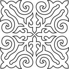 Vector black contour Kazakh national ornament. Ethnic pattern of the peoples of the Great Steppe,