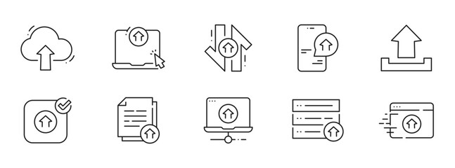Outline upload icons for cloud file transfer, data backup, sync, wifi network; web, mobile, laptop, browser; arrows, folders, editable stroke