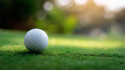 Obraz premium Close-up of golf ball on green grass, golf concept display, pristine ball placement, sport equipment detail, course surface texture, defocused background, with copy space