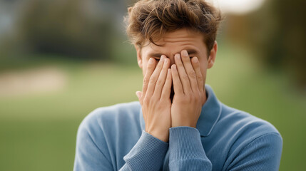 Young male golf player hitting ball surprised with unsuccessful shot, bad luck moment, frustration display, missed swing reaction, faceless disappointed golfer, defocused backgroun