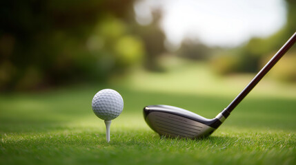 Close-up golf club and ball on tee ready for swing, equipment setup detail, pre-shot composition, driver and ball arrangement, defocused course background, with copy space