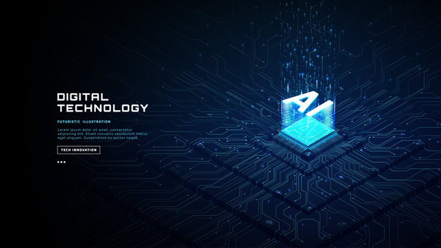 Abstract AI processor on circuit board with neon glowing lines. Isometric 3D microchip, futuristic semiconductor technology background, digital data and innovation concept.