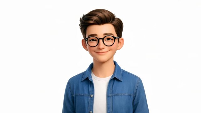Young animated man cartoon character with glasses expressing calm, positive emotions isolated on a white background
