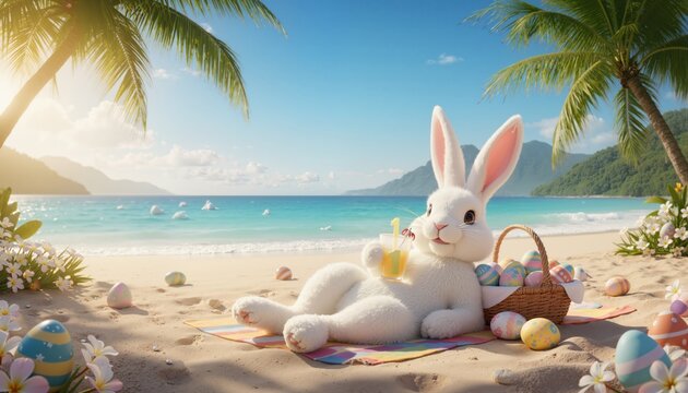 Easter bunny relaxing with a cool beverage on a sunny beach, enjoying easter in a tropical paradise
