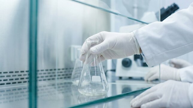 Scientist in a lab coat and white gloves holding an empty glass Erlenmeyer flask in a sterile lab hood, medical research concept, scientific experiment.