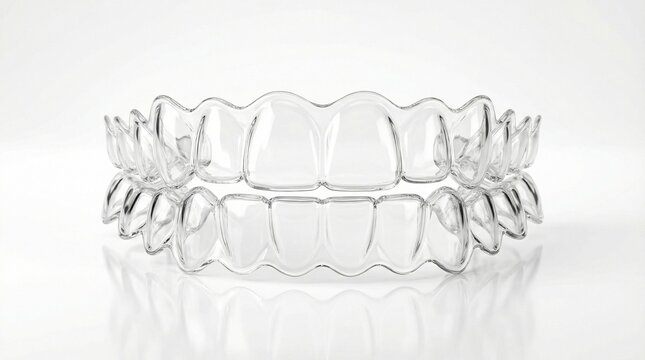 Transparent plastic dental aligner for teeth straightening on a white surface, dental healthcare concept, orthodontic treatment, oral hygiene care.