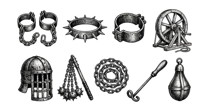 Medieval torture museum elements set.