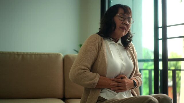 Mature elderly woman suffering stomach pain while sitting alone at home with senior health problems illness, urgent medical care needs and health life insurance in retirement lifestyle.
