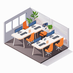 Fototapeta premium Isometric illustration of a modern open-plan office interior with desks and computers