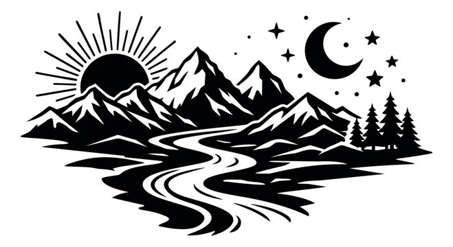 Line art illustration of a mountain landscape depicting sun and moon over a river for nature and travel